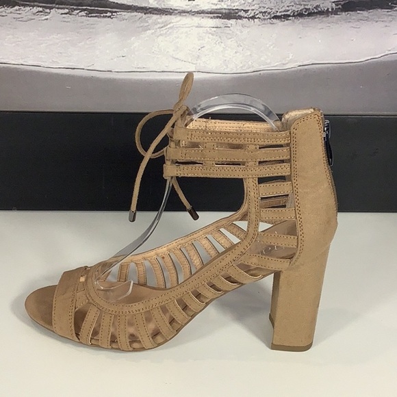 Franco Sarto Ernie Tan Faux Suede Block Heel Open Toe Cage Zip Tie Sandals Sz 8 - Picture 7 of 12
